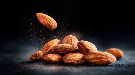 A dynamic close up shot of raw almonds falling onto a pile on a dark textured background.