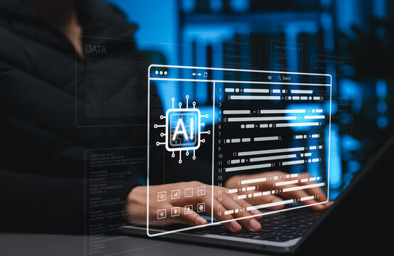 AI Coding Assistant and Software Development Concept. Programmer typing on laptop with interface show AI chip icon and code editor. artificial intelligence use in software development and programming.