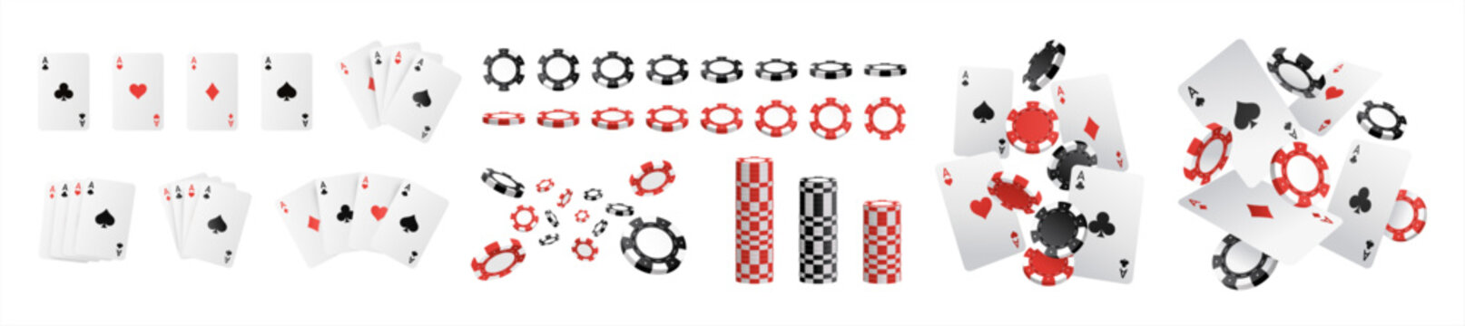 Playing card and casino chips poker game elements in 3D realistic design set. Vector aces hearts and spades, clubs and diamonds. Leisure hobby entertainment gambling game objects, vector set.