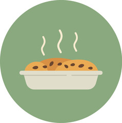 Freshly baked casserole or lasagna in a white rectangular baking dish with melted cheese and herbs on a soft green background