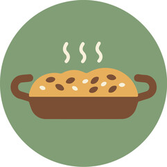Freshly baked loaf of bread with seeds in a rustic ceramic casserole dish on a green background