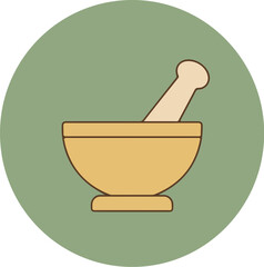 Minimalist illustration of a mortar and pestle with a wooden pestle on a green background