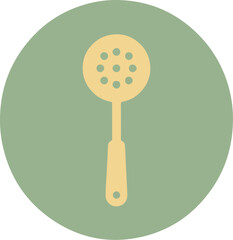 Close-up of a slotted spoon with a soft yellow finish against a muted green backdrop