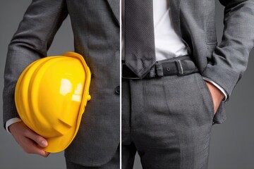 A split image of a man in a suit, one side holding a yellow hard hat, the other side in a business suit
