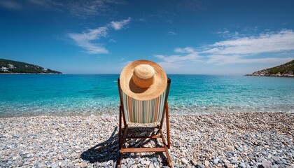 straw hat sits on a beach chair on a pebble beach overlooking the tranquil turquoise sea under a sunny sky