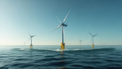Wind turbines generating renewable energy in a calm ocean environment