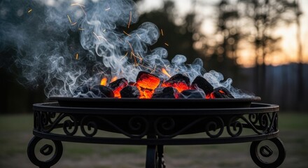 Coals burning with fire and sparks, emitting smoke into the evening