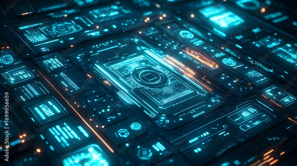 Poster a close-up view of a futuristic digital dashboard with glowing turquoise and orange accents, showcas