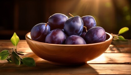 bowl overflowing with fresh plums highlighted by soft lighting on a wooden table