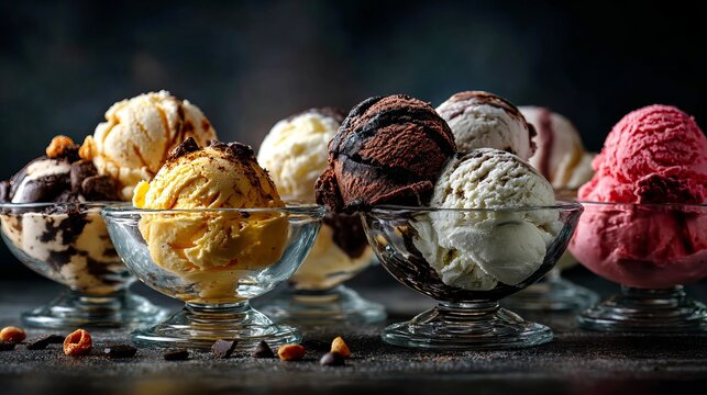 Indulge in delicious ice cream sundaes featuring a delightful array of flavors in elegant glass bowls - perfect for summer treats