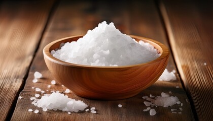 close up of white sea salt crystals in a wooden bowl on a rustic wooden table