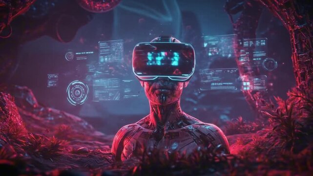 Robotic bust with VR goggles amidst floating screens and alien flora lit with red and blue hues