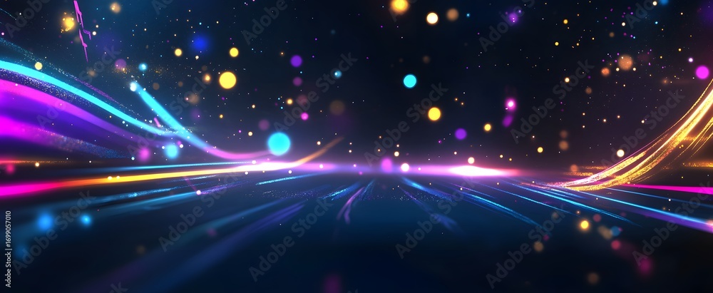 Poster a dynamic, vibrant design featuring glowing lines and colorful particles against a dark background.