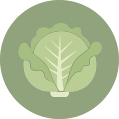 Circular illustration of a light green broccoli head with white central stalk and intricate florets on a darker green background