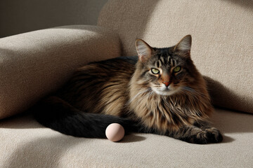 fluffy cat lounging comfortably on cozy couch with playful toy in its paws exuding tranquility