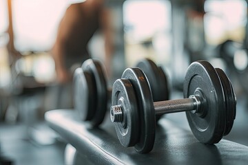 Pair of black dumbbells resting on a gym bench.  Blurred gym background