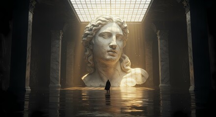 Person standing before a colossal marble statue in a grand hall filled with light on transparent background