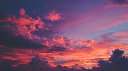Breathtaking vivid sunset sky with vibrant clouds in pink and purple creating a stunning backdrop for travel or nature themes