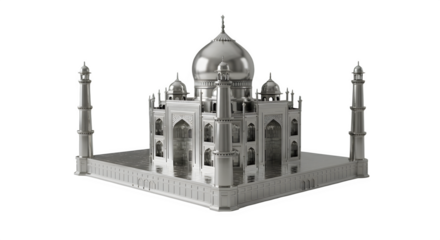 Silver taj mahal model showcasing intricate architecture and historical significance on transparent background