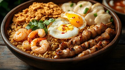 A hearty and colorful bowl of mixed rice, shrimp, eggs, and grilled skewers, showcasing a delightful fusion of flavors and textures.