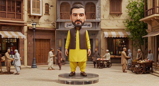 Cartoon man in traditional Pakistani clothing standing in a busy market street on transparent background