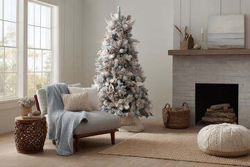 beautifully decorated christmas tree stands elegantly in cozy living room by fireplace
