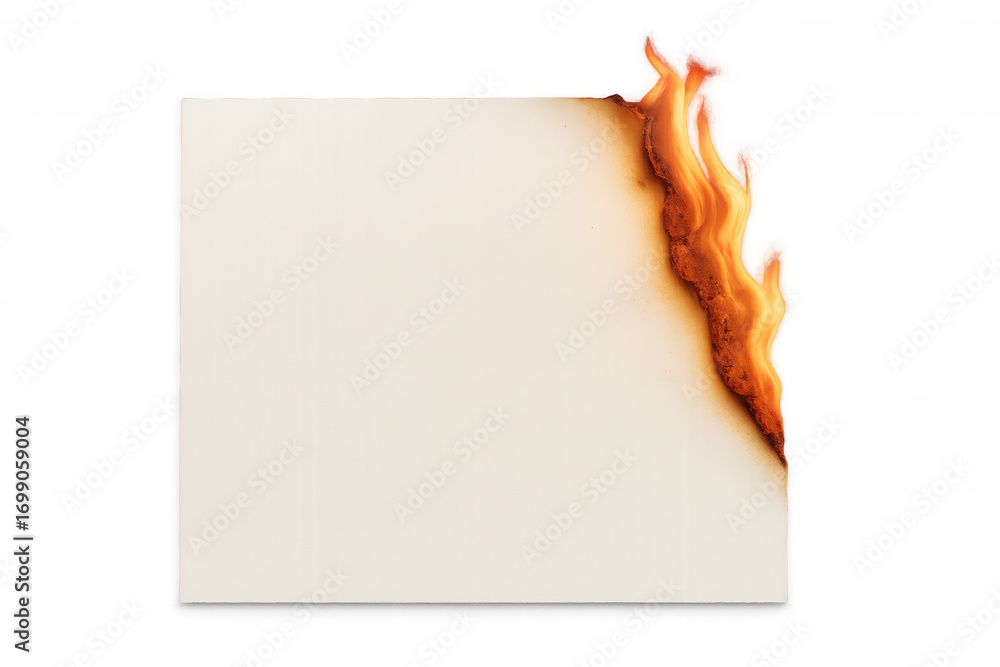 Poster white sheet of paper engulfed in flames, creating a striking visual of destruction against a transpa