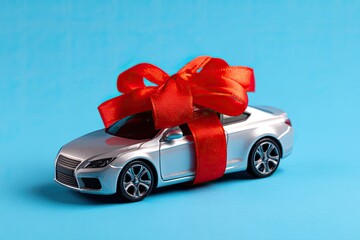 Gift-wrapped toy car on a bright blue background. A small, silver, coupe-style car is presented as a gift, adorned with a vibrant red ribbon bow