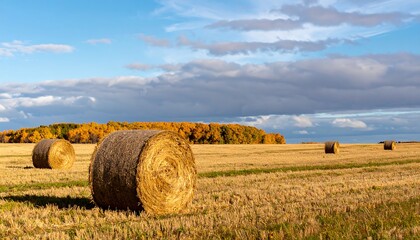 Hay bales in a golden field under a partly cloudy sky.  Autumn landscape with trees
