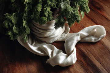 white ribbon elegantly entwines itself around lush green fir tree set against rustic wooden floor