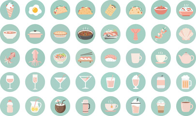 40 flat design round badge icons of food and drink items on light green background