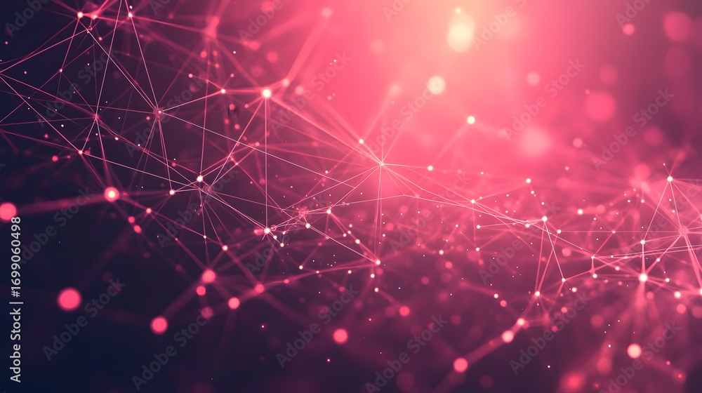 Poster A vibrant, network-based design featuring interconnected points and lines in a deep pink and dark tones, showcasing a complex yet visually appealing structure.