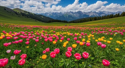 Obraz premium Colorful tulip field in alpine meadow