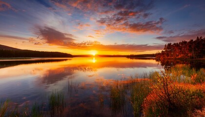 the vibrant orange hues of the sunset paint the sky and water reflecting on the calm surface of the lake creating a breathtaking natural landscape