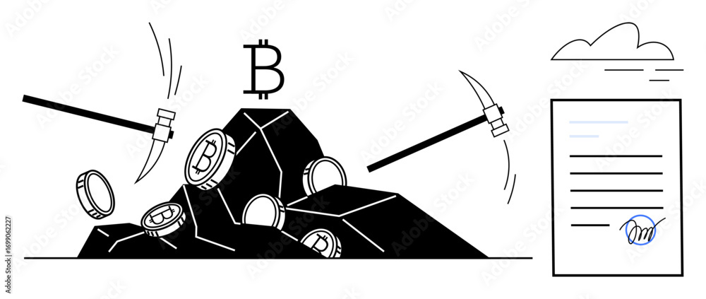 Aufkleber pickaxes mining cryptocurrency coins from rocks near blockchain document under cloud. ideal for cryp