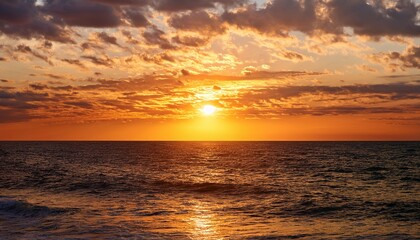 Fototapeta premium beautiful orange sunlight paints the sky with clouds as the sun dips below the horizon casting a warm glow on the calm ocean waves