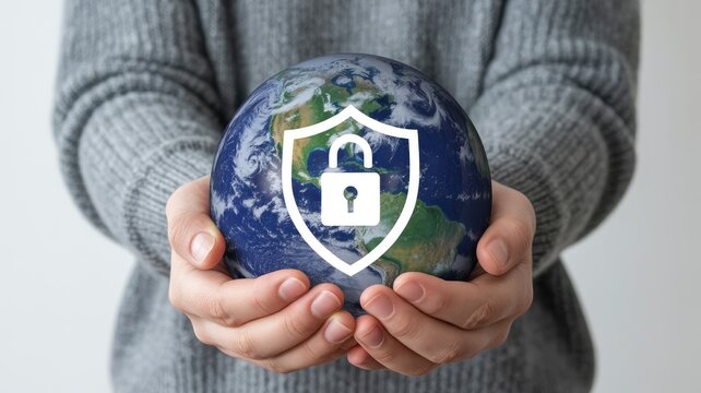 Secure global data privacy with a shield and padlock over earth held in hands for digital protection