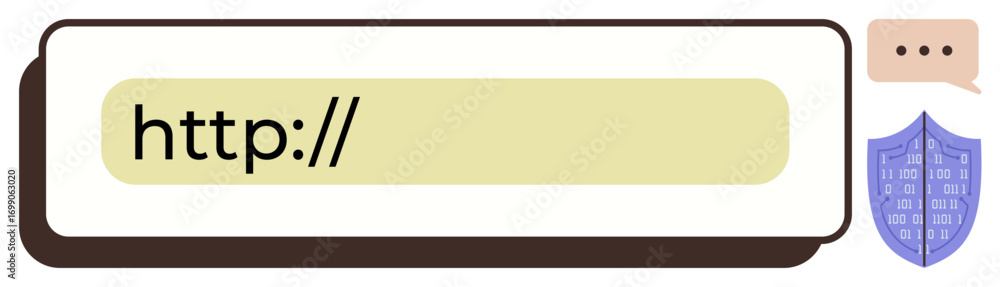 Poster url bar with http text, chat bubble for communication, shield representing cybersecurity. ideal for 