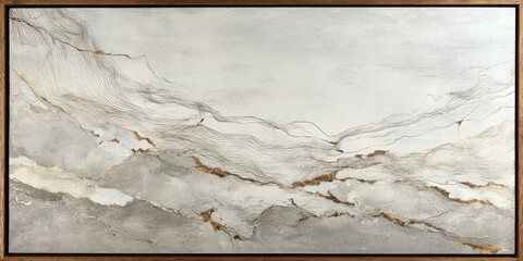 Abstract landscape painting. Light gray and beige tones with hints of gold.  Textured, mountainous forms.  Framed in wood