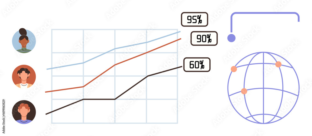 Poster line graph with performance metrics, user profiles highlighting data contributors, and globe symboli