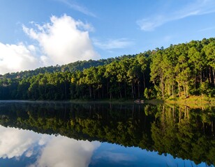 Serene mountain lake reflecting a bright sky