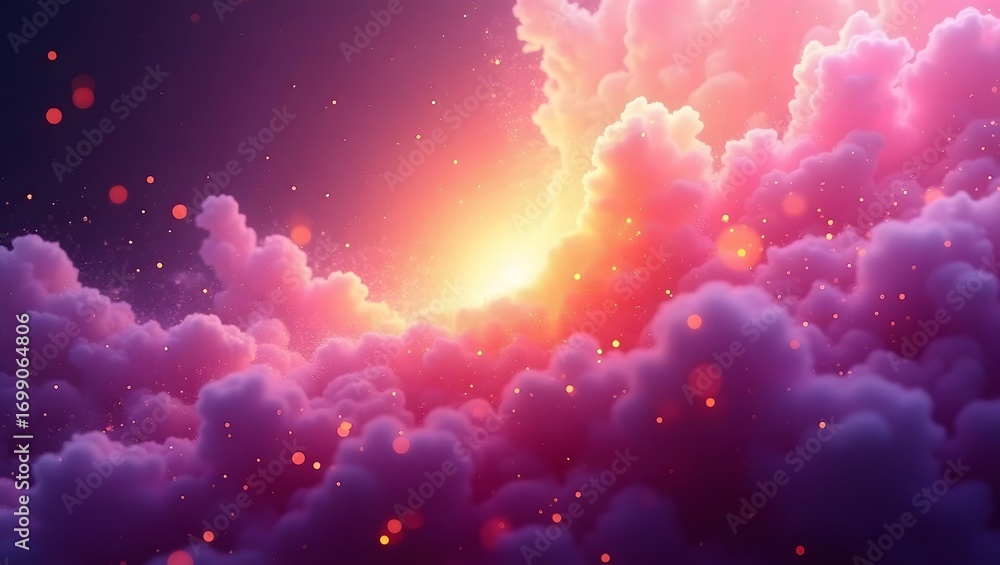 Poster ethereal clouds glow with warm light and soft pink hues, creating a dreamy and magical atmosphere, a