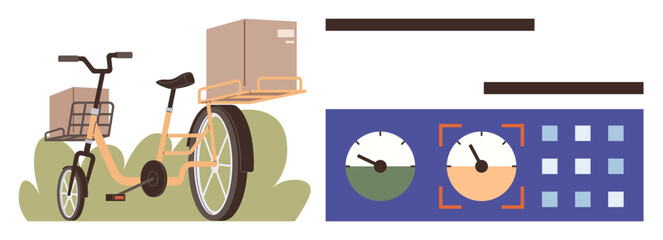 Cargo tricycle carrying boxes paired with a dashboard showing dials and metrics. Ideal for delivery, logistics, eco-transport, urban mobility, business, efficiency, and sustainability. Simple flat