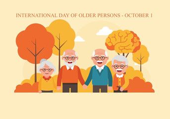 vector illustration of a group of senior friends standing together in an autumn park for an International Day of Older Persons concept.