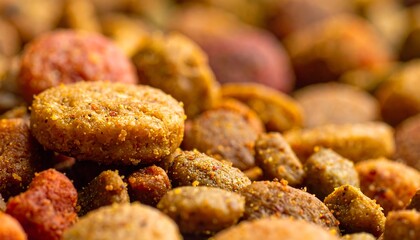 Close-up of dry pet food, kibble in assorted colors and textures, shallow depth of field