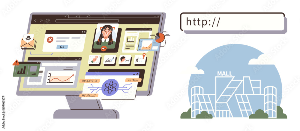 Poster computer screen displaying data breaches, charts, and notifications with a url bar and mall illustra