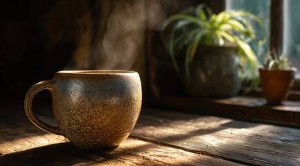 A rustic mug of steaming coffee, bathed in sunlight