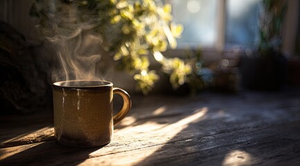 A mug of steaming hot beverage sits on a wooden table bathed in sunlight near a window, with plants in the background
