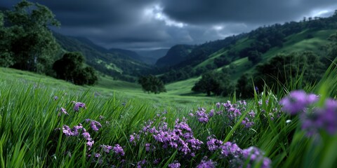 Vibrant purple flowers in a lush green valley under dark stormy clouds at dusk