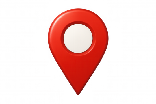 Red location pin indicating specific place on transparent background, useful for indicating point of interest on map